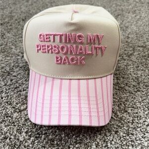 Cream and Pink Embroidered Slogan trucker hat